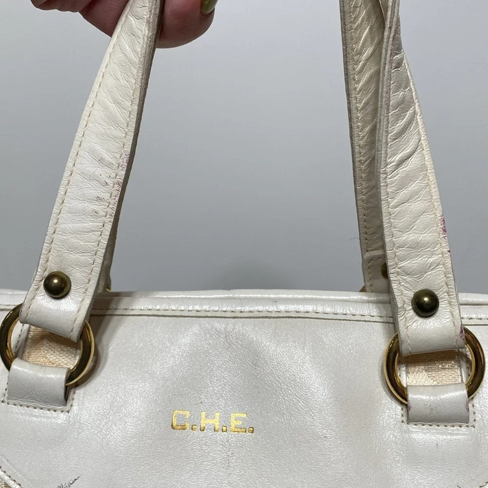 Vintage Pierre Cardin 1970’s Monogram Canvas and Leather Satchel Purse in Ivory